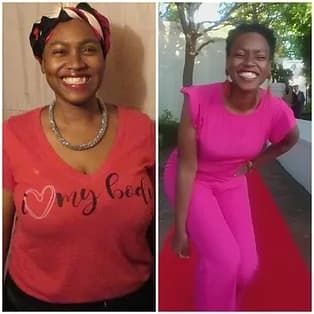 Monique Smith before and after her 53 pound weight loss, smiling in both photographs.