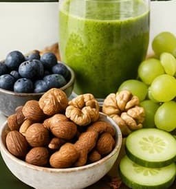 A green smoothie beside bowls of blueberries and mixed nuts, with grapes and sliced cucumber.