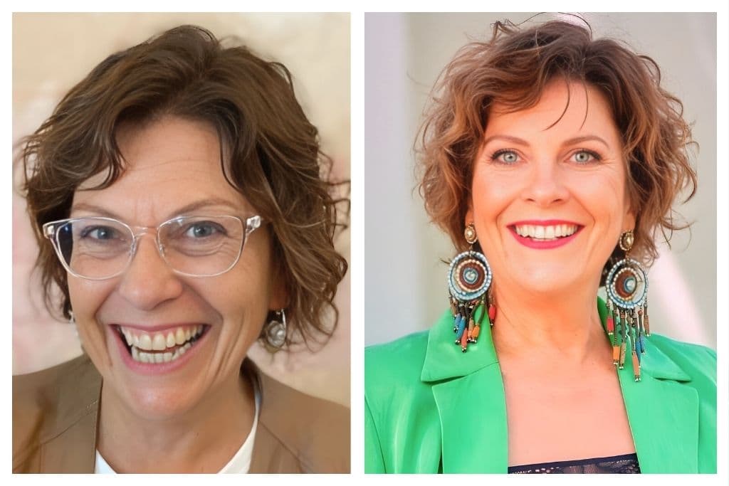 Linda Paige client before-and-after: washed-out and unseen to green blazer, statement earrings, and red-lip confidence