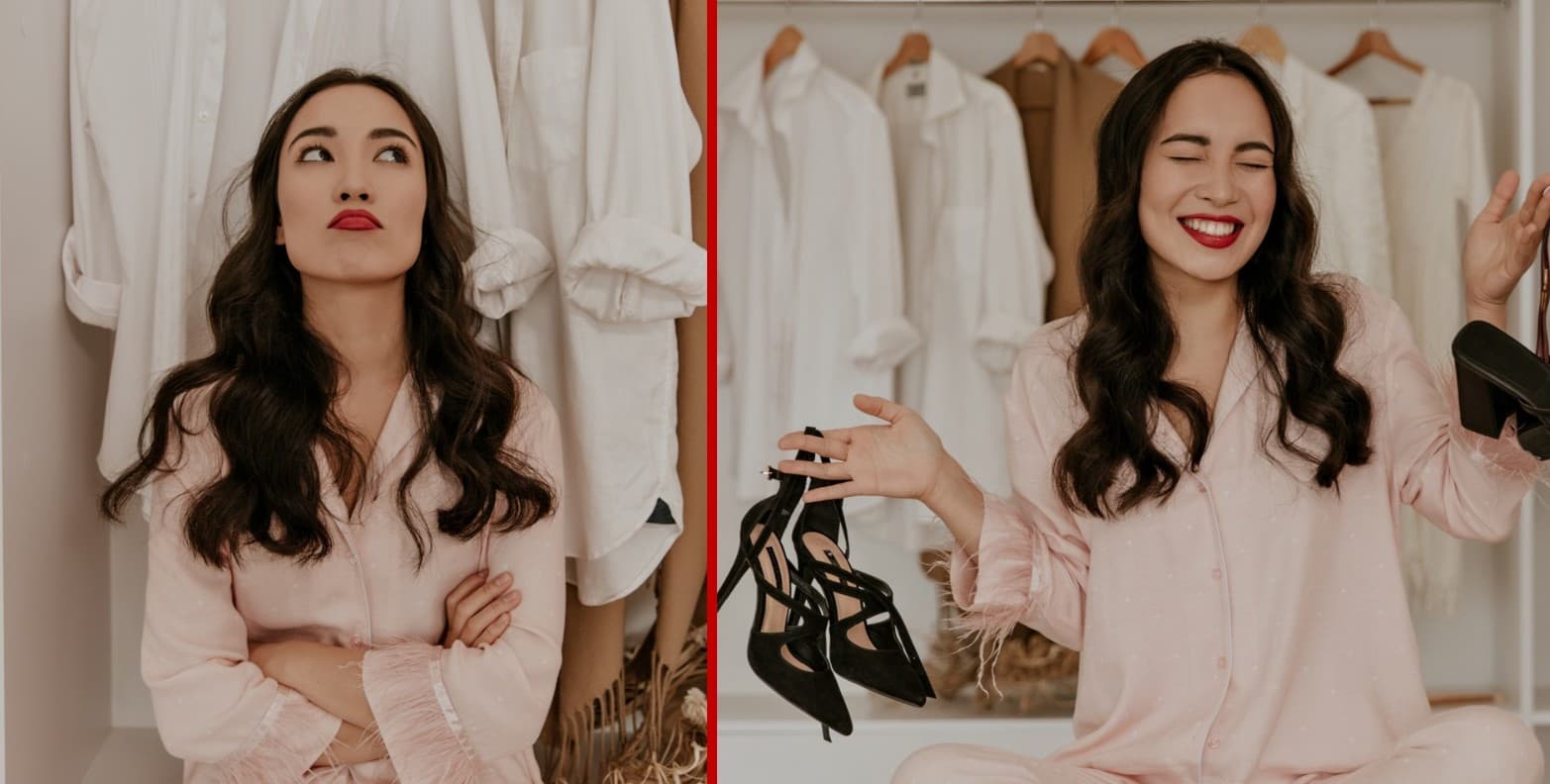 Before and after at the closet: arms crossed, then smiling with black heels in hand